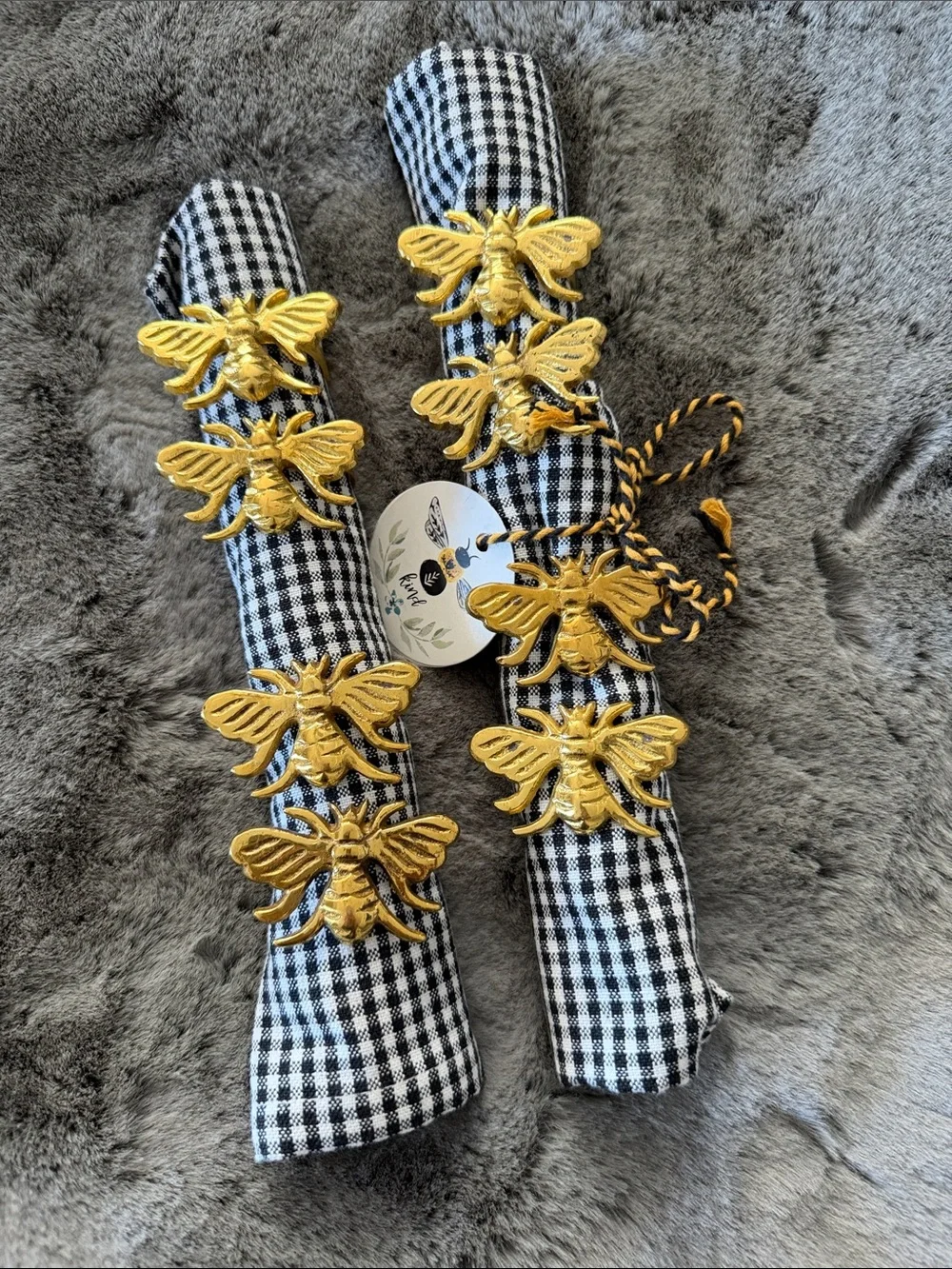 Gingham Napkin Rings with Gold Bee Accents - Set of 8